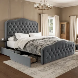 Maber Upholstered Queen Bed with 4 Drawers, Storage Platform Bed