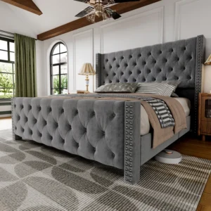 Velvet Upholstered Wingback Bed With Deepen Button Tufting